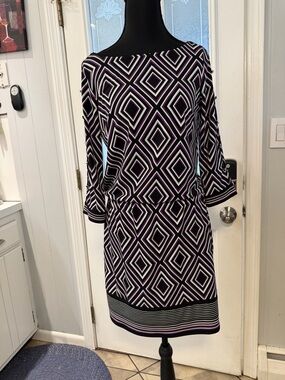 White House Black Market Black, Purple and White Geometric Boatneck Dress
